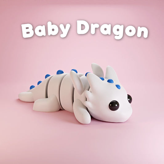 Tiny Tails™ Baby Dragon Pocket Pet - 3D Printed Articulating Dragon Figure - White & Blue Fantasy Friend - Kids Room Decor